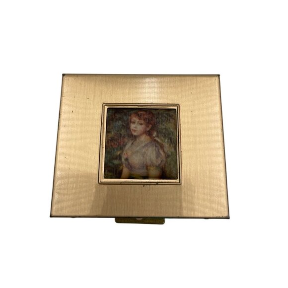 Vintage Gold Tone Compact Case Renoirs Girl Image & Mirror - Picture 1 of 6